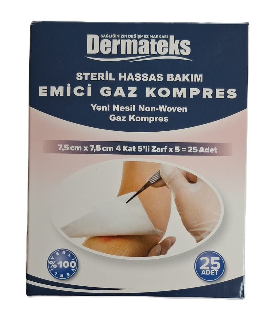 Dermateks Steril Hassas Bakım Emici Gaz Kompres 7,5 cm x 7,5 cm 4 Kat 25 Adet