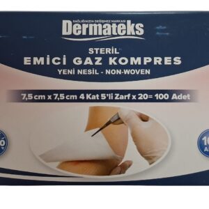 Dermateks Yeni Nesil Non-Woven Steril Emici Gaz Kompres 7,5 cm x 7,5 cm 4 Kat 100 Adet